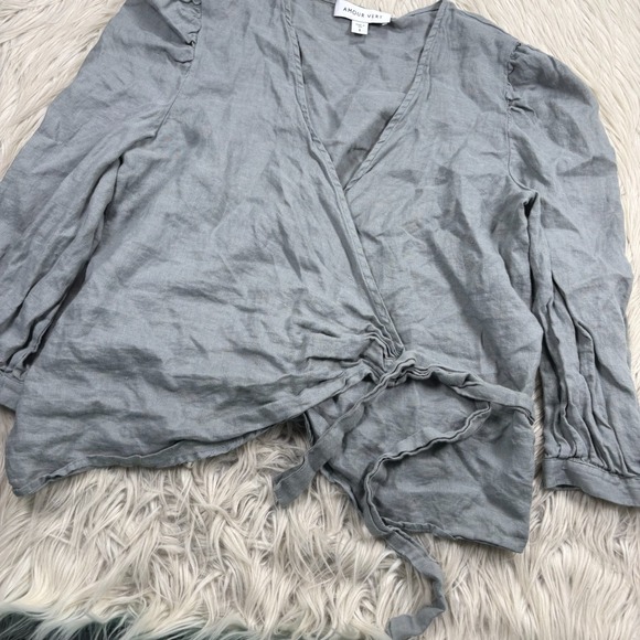 Amour Vert Women's S Gray Wrap Blouse 3/4 Sleeve Cottagcore Coastal Preppy - Picture 2 of 6